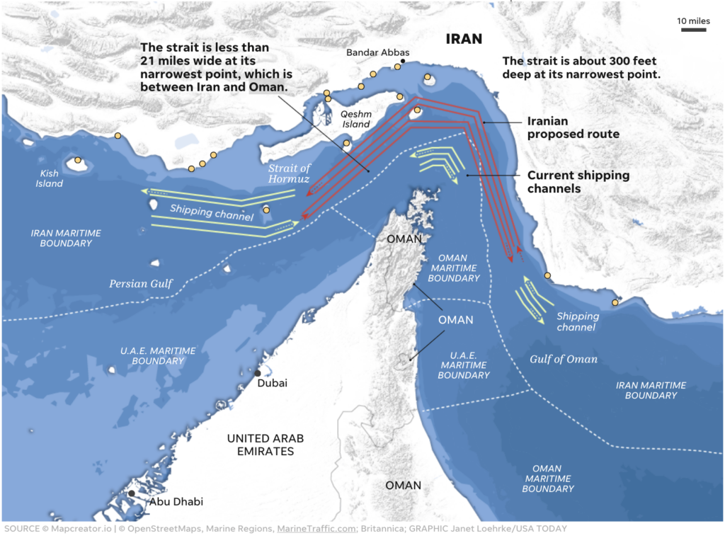 Strait of Hormuz map shows where US Navy warships will blockade Iran.